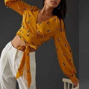 Anthropologie Maeve Bee Wrap Top Blouse XS S 4 Bumble Bees! 🐝
